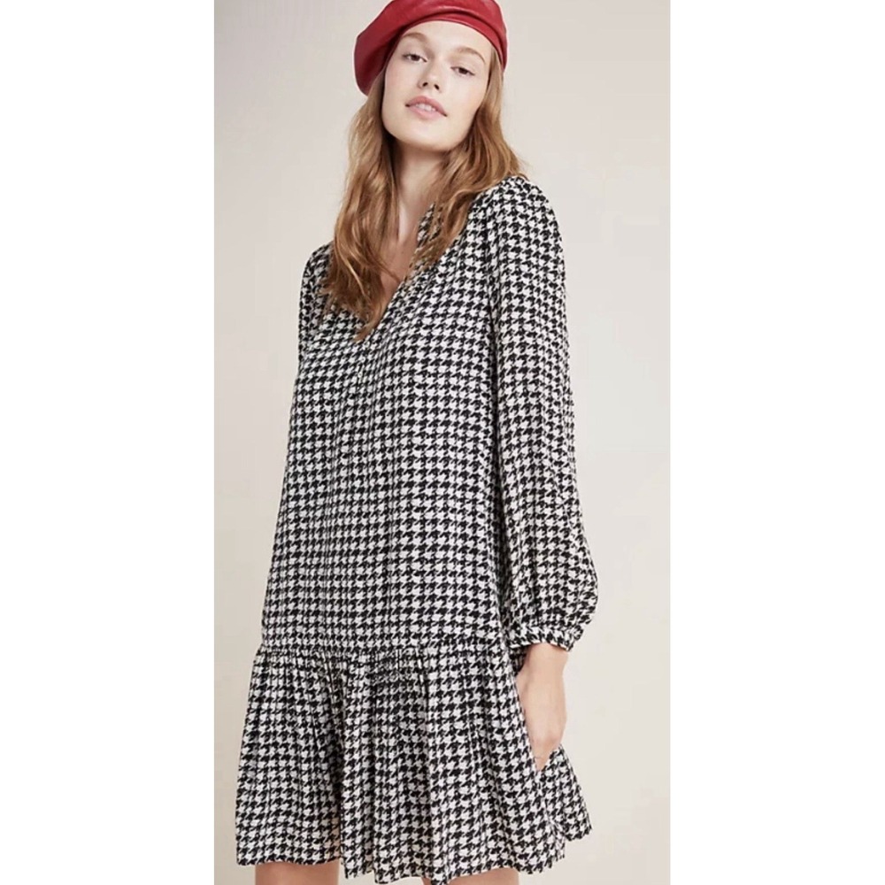 Maeve Margaret Houndstooth Tunic Dress Size XS‎ Black Ivory Anthropologie